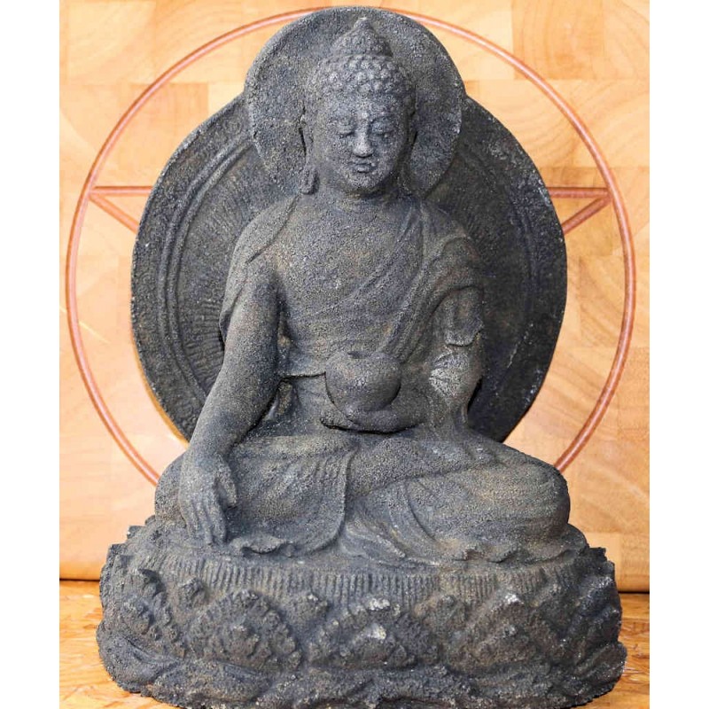 Medizin Buddha aus massivem Sandguss mit Medizinrad und Schale auf Lotusblütensockel 21cm Zen Manufaktur BDH3