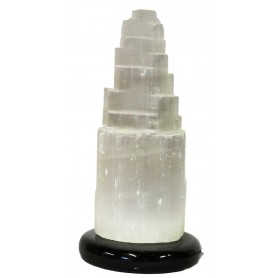 Selenit Edelstein Lampe mit Leuchtmittel Marmorsockel naturbelassen abgestuft Zen Manufaktur KTHZM24