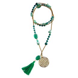 Halskette "Blume des Lebens" Achat-, Glas- und Messingperlen 82cm